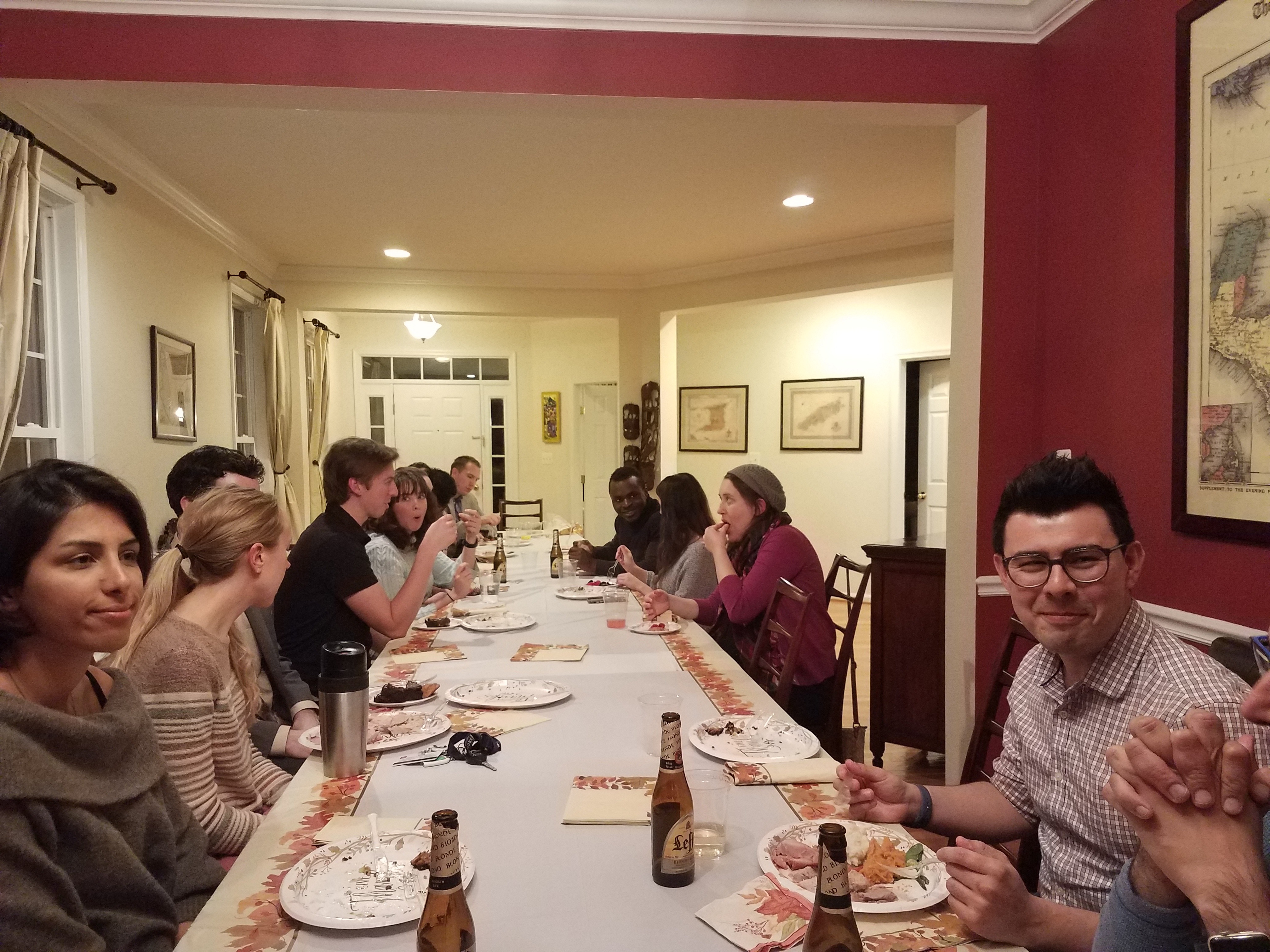 Photo of Grayson Lab group enjoying Thanksgiving dinner
