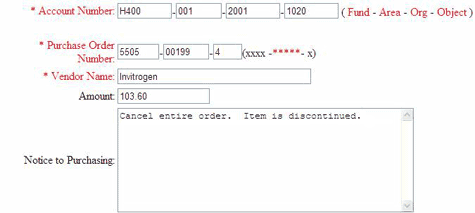 Cancel PO request screen